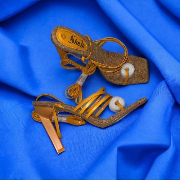 Mustard yellow strappy ankle wrap tie toe ring high heel cork sandals sz 10 - Picture 2 of 4